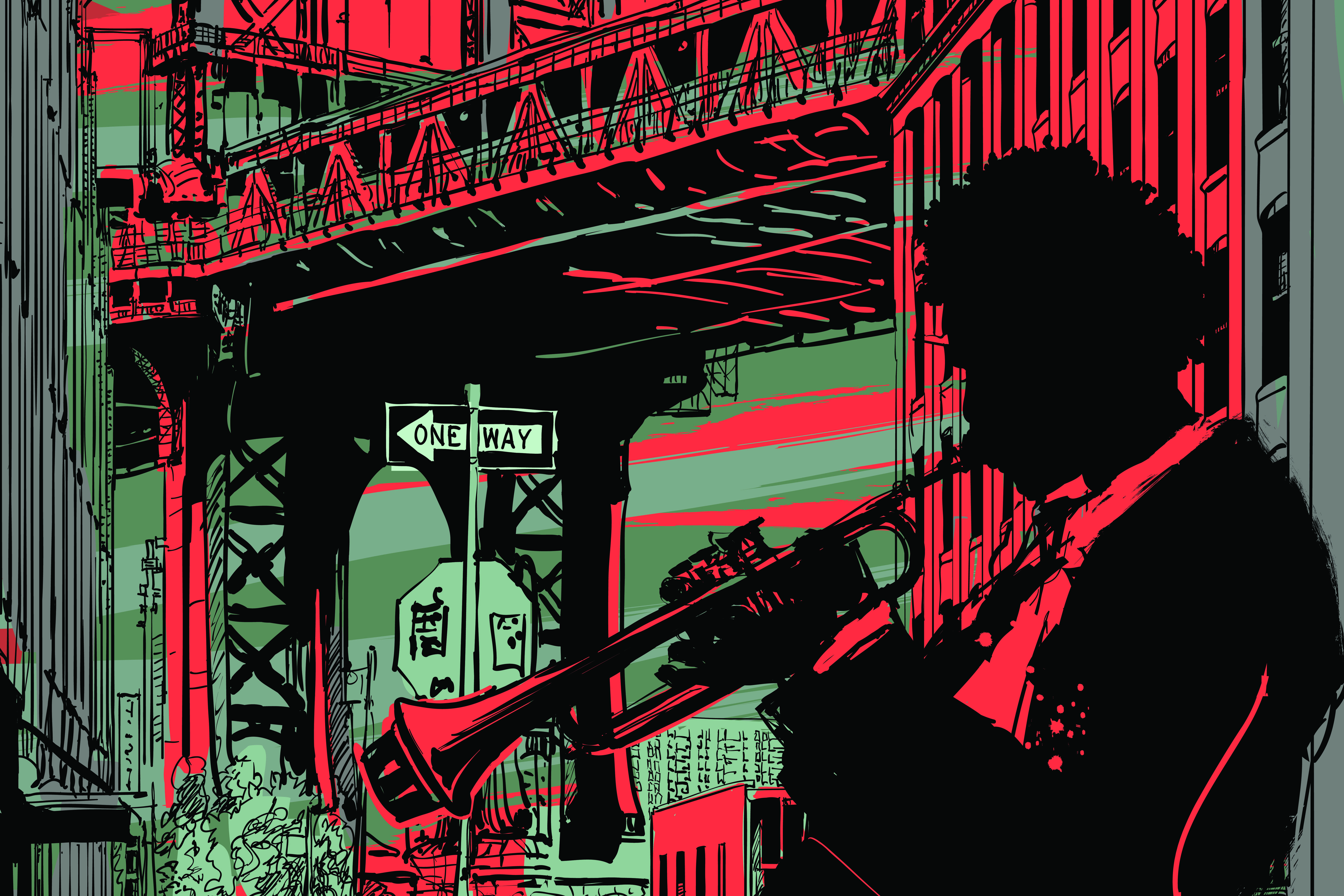 A black, red and grey illustration of a man playing a trumpet next to the Brooklyn Bridge in New York
