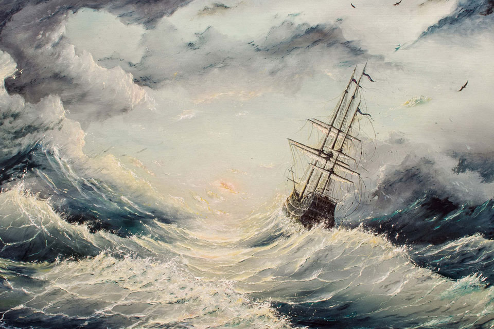 A dramatic painting of a ship in the middle of a sea storm