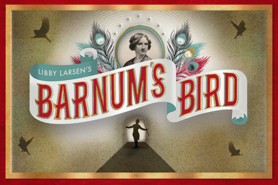 Artwork for Barnum's Bird with an image of a lady in the middle, red Barnum's Bird text, bird feathers and bird silhouettes in the corners