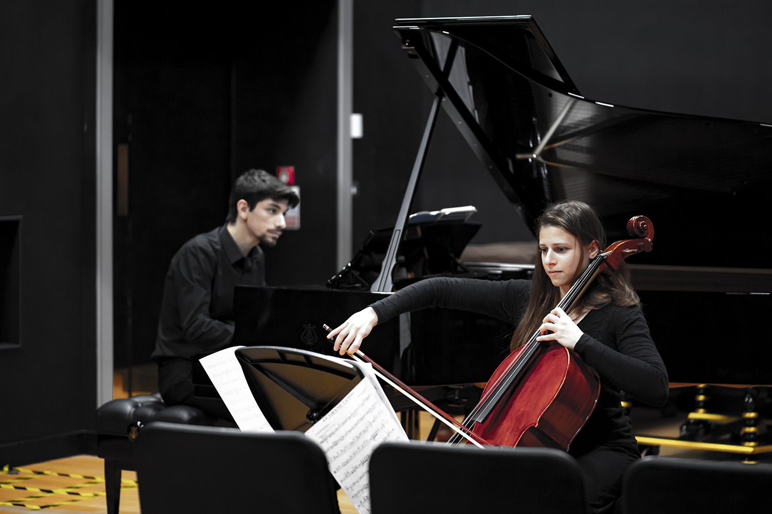 A pianist and a cellist performing in the Performance Studio