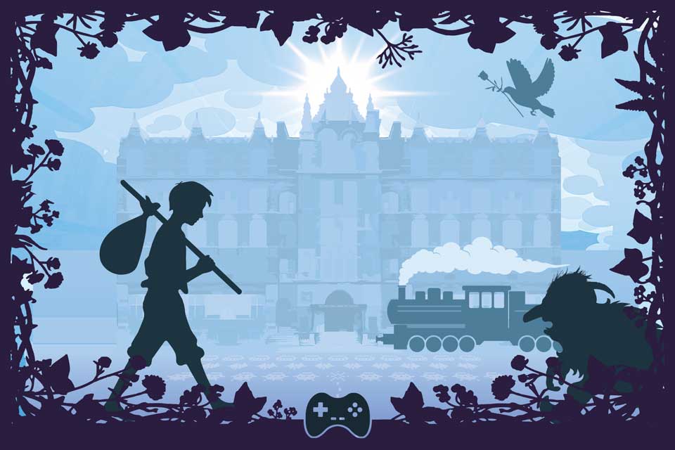 A graphic of silhouetted figures, a train and a castle framed by foliage