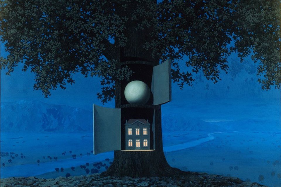 A blue graphic of a tree trunk with doors containing a sphere and toy house