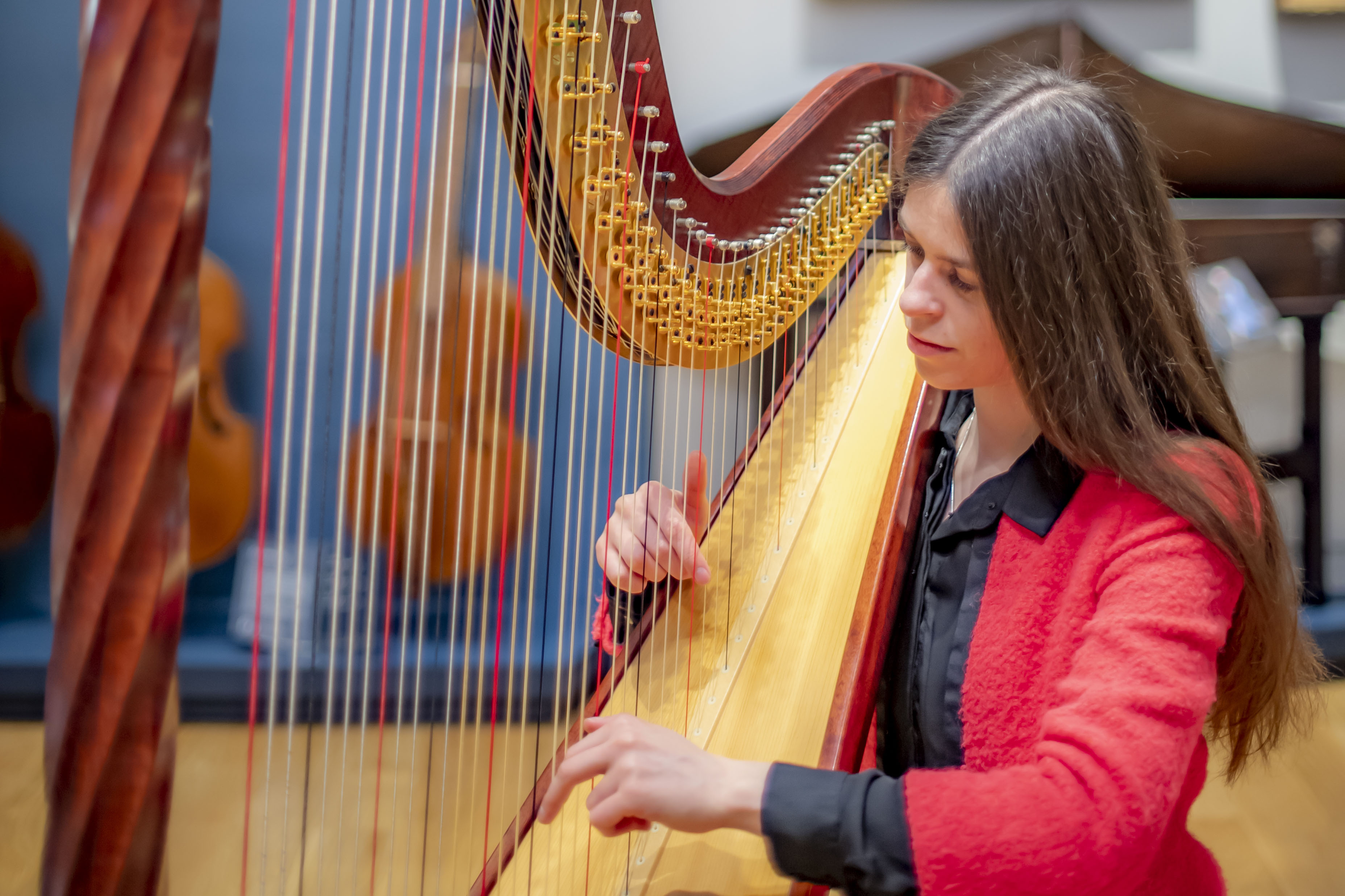 A harpist wearing a black shirt and red blazer performs in the Royal College of Music Museum
