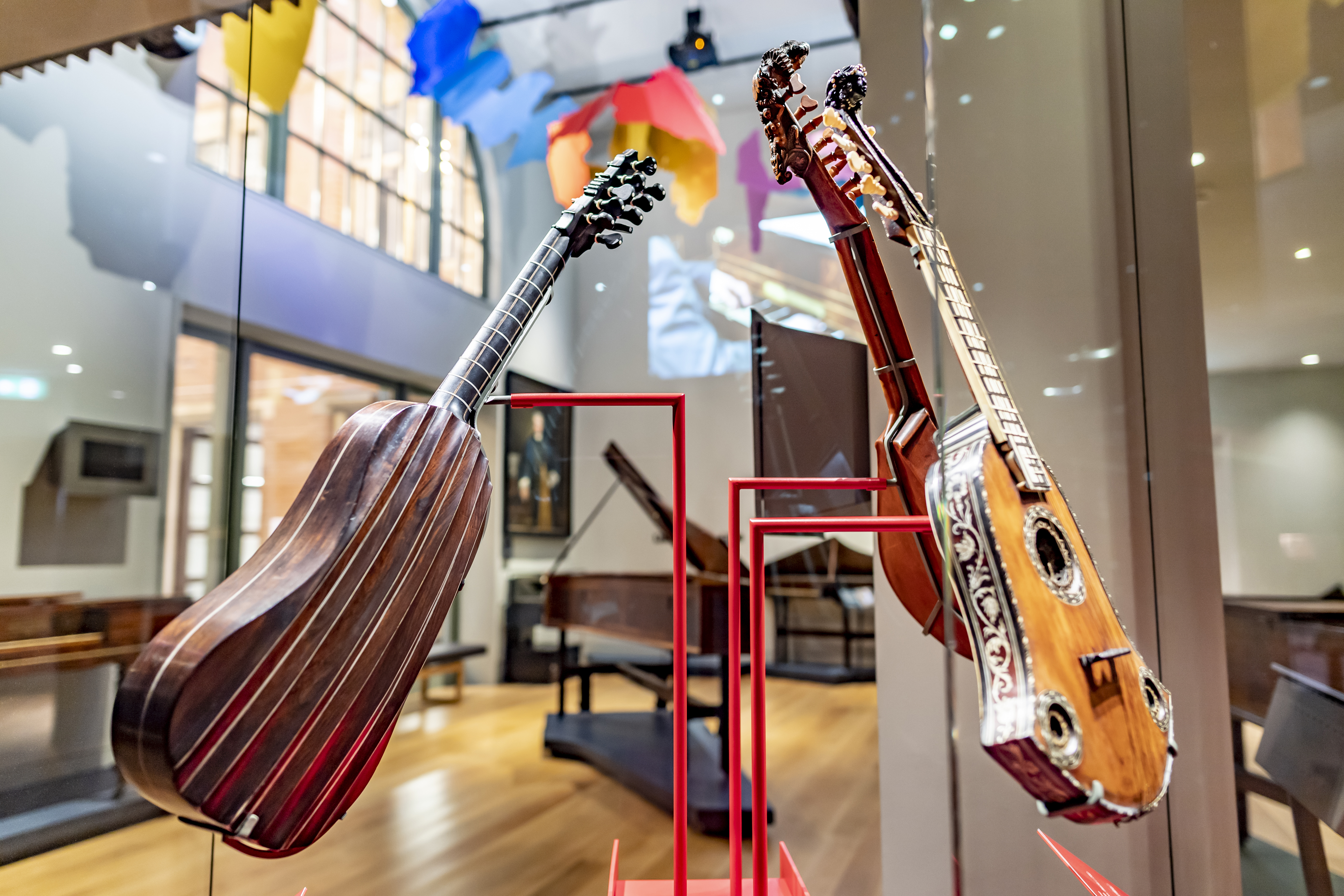 Two guitars on display in the RCM Museum