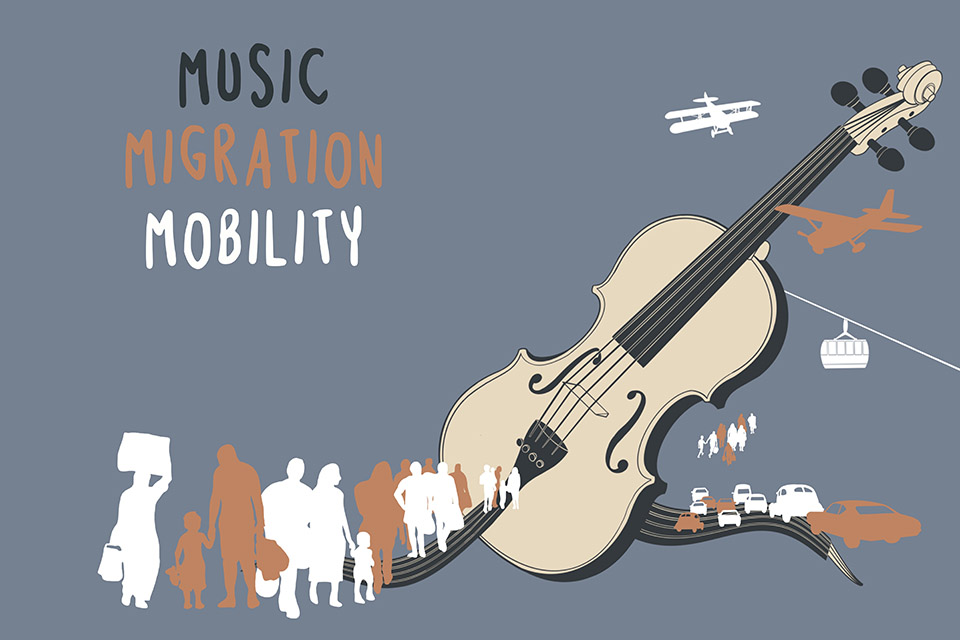 A violin with people using different modes of transport