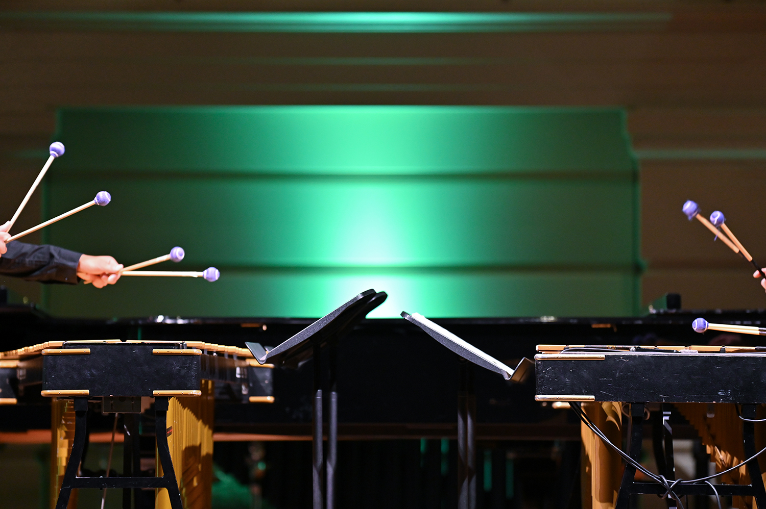 Two percussionists performing in the Performance Hall