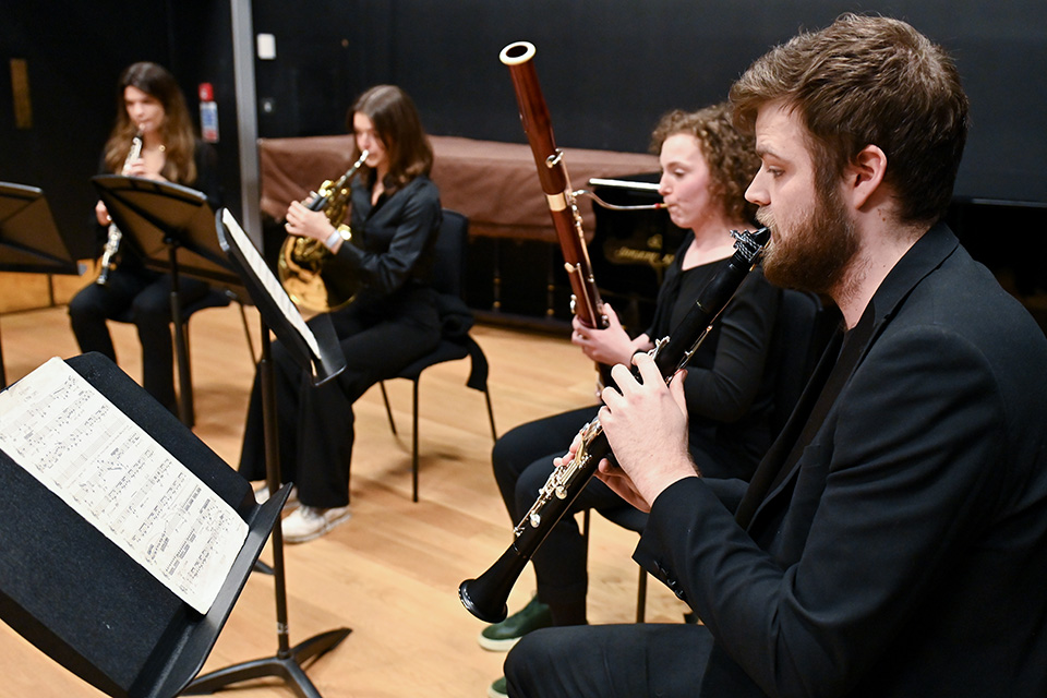 A woodwind ensemble gives a chamber concert in the RCM's Performance Studio