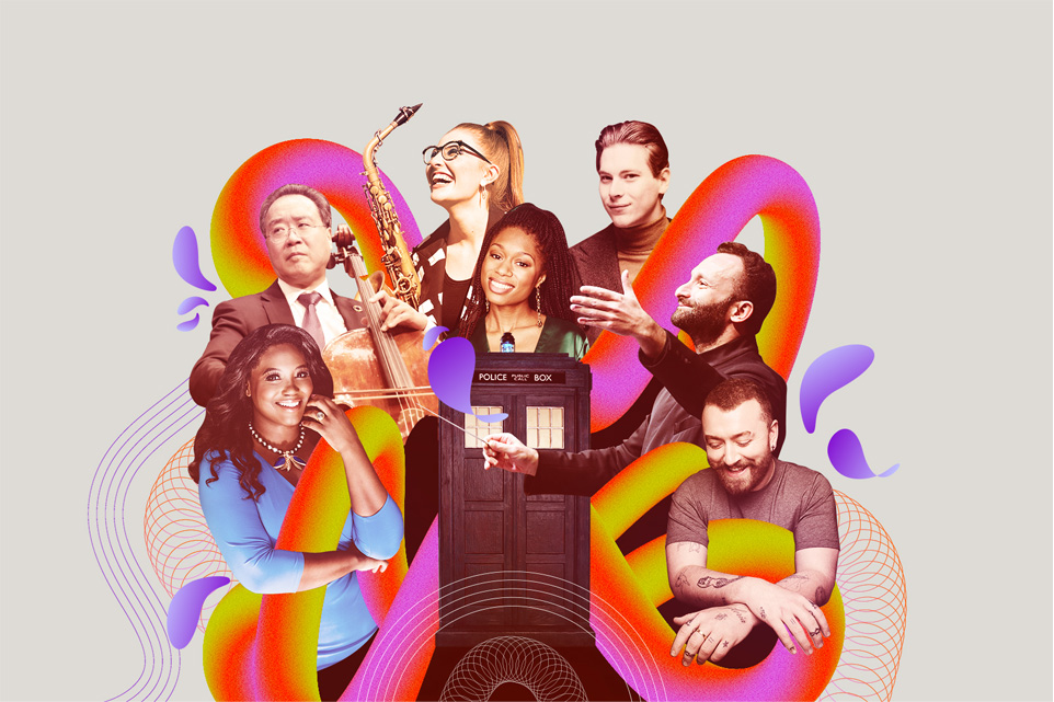 Seven musicians surrounded by swirls of different colours