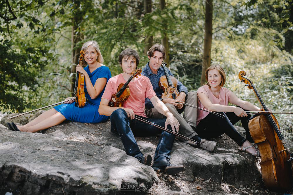 Four string musicians sitting on top of a slanted rock with trees in the background