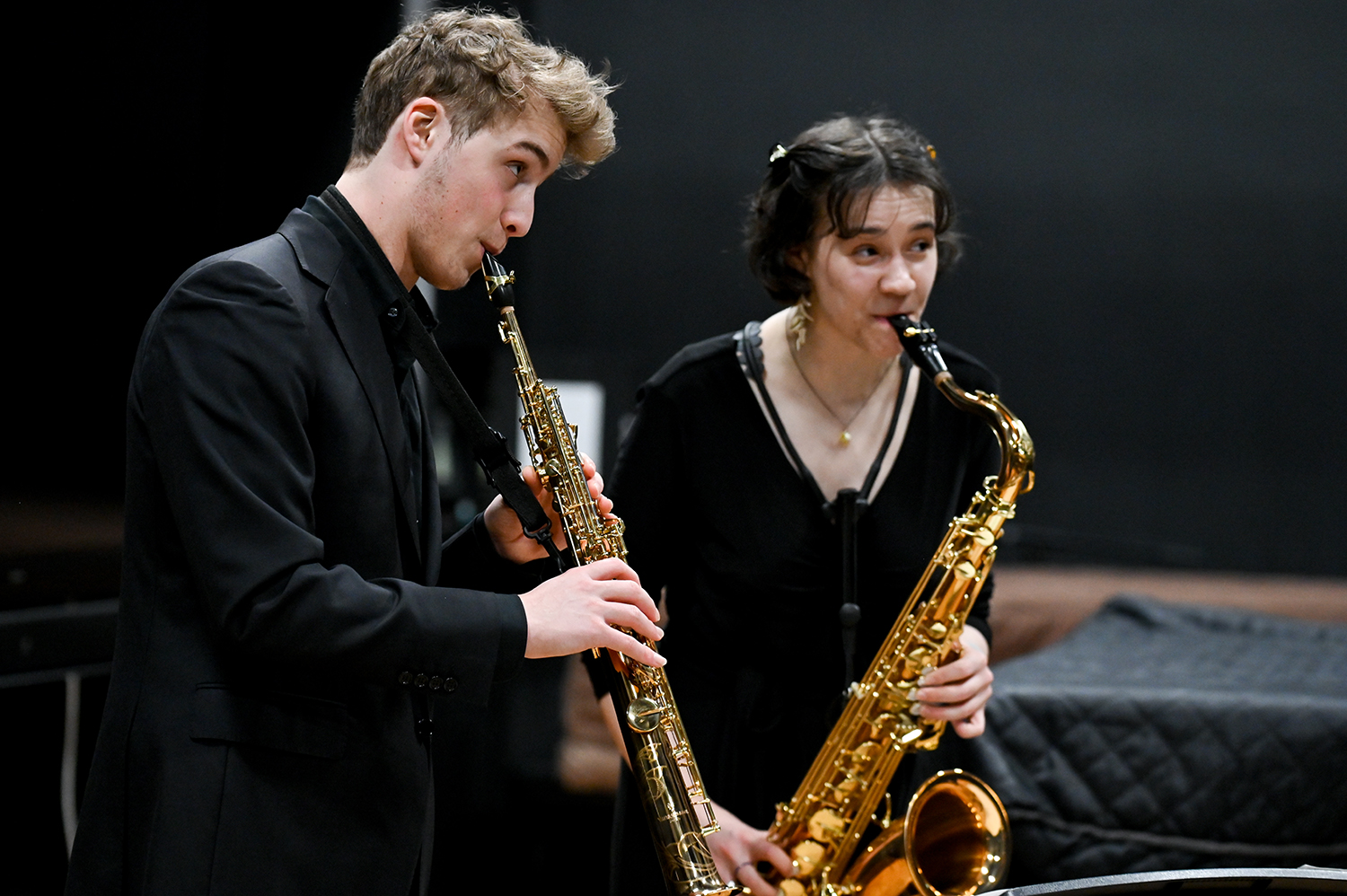 Two saxophone players performing in the Performance Studio