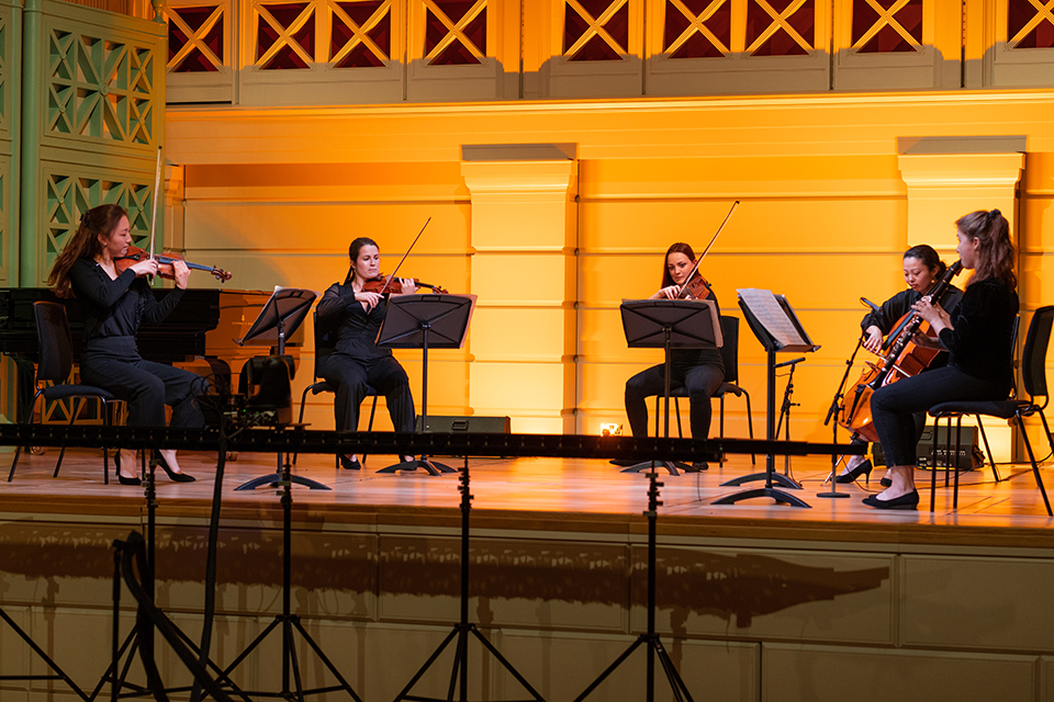 A string quartet performing in the Performance Hall