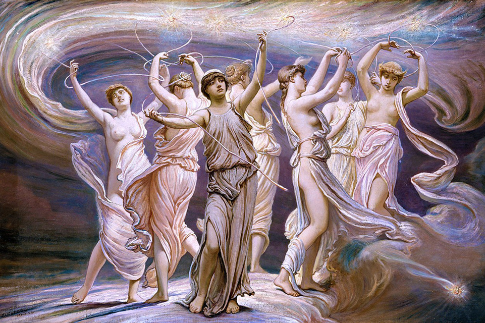 Painting of women in white robes dancing with celestial background 