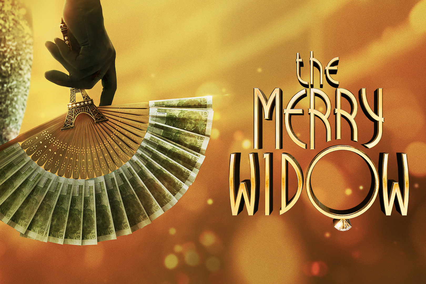 The Merry Widow text against an orange/gold background with a woman's hand holding a fan