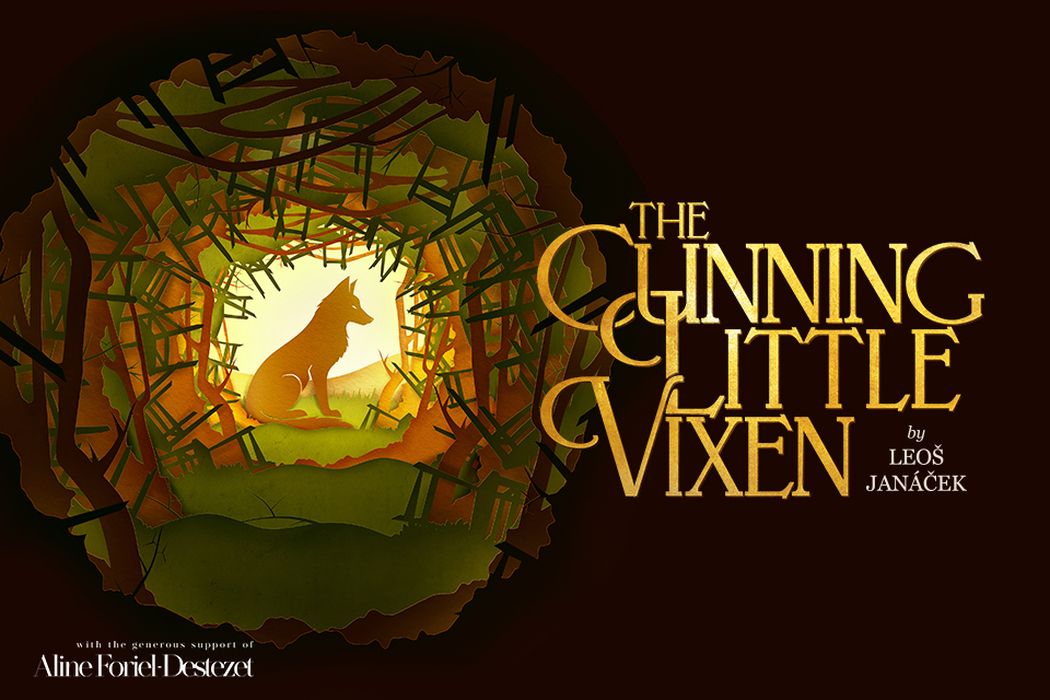 A graphic of an orange fox jumping through leaves