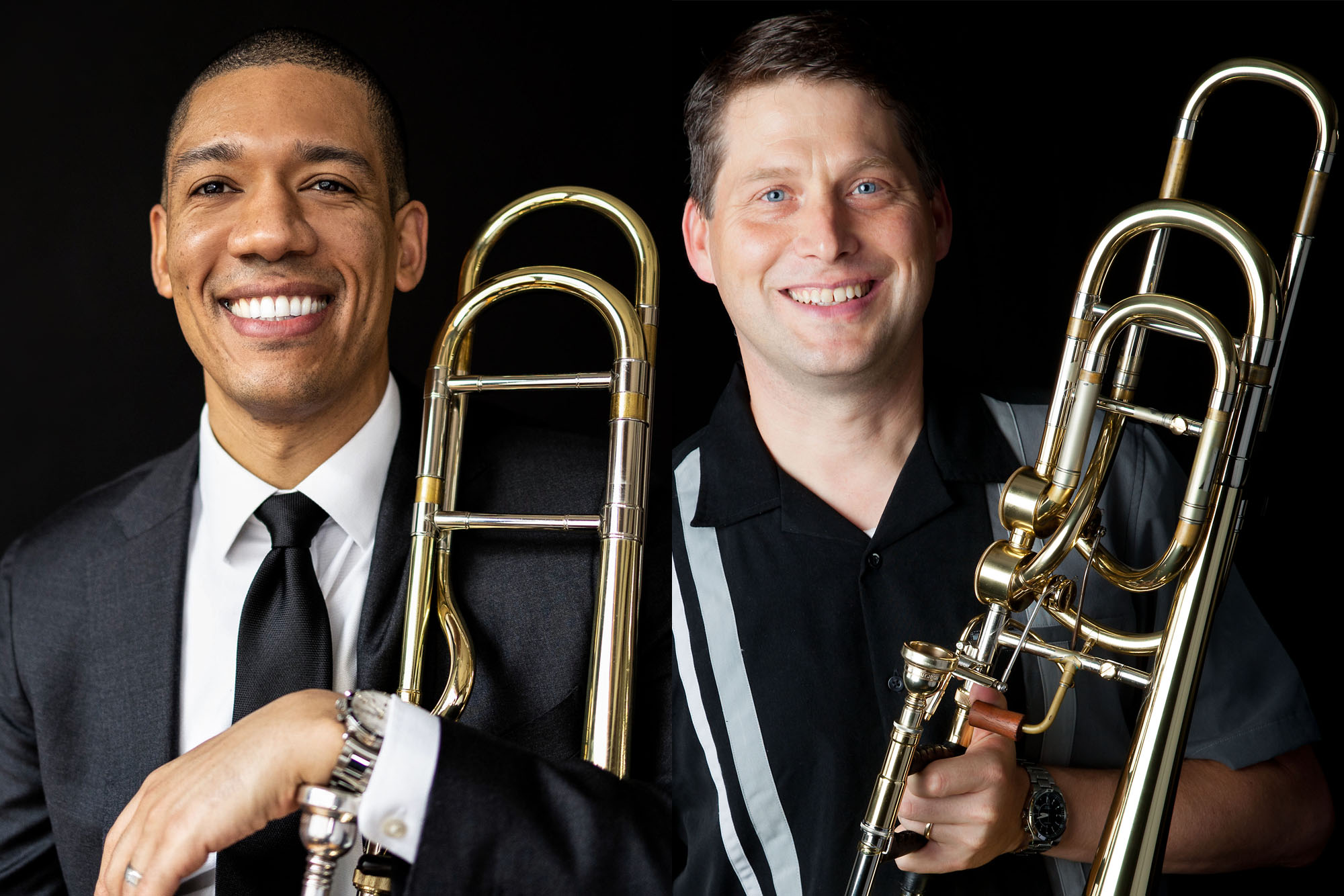 Weston Sprott and Denson Paul Pollard holding their trombones and smiling against a plain black background