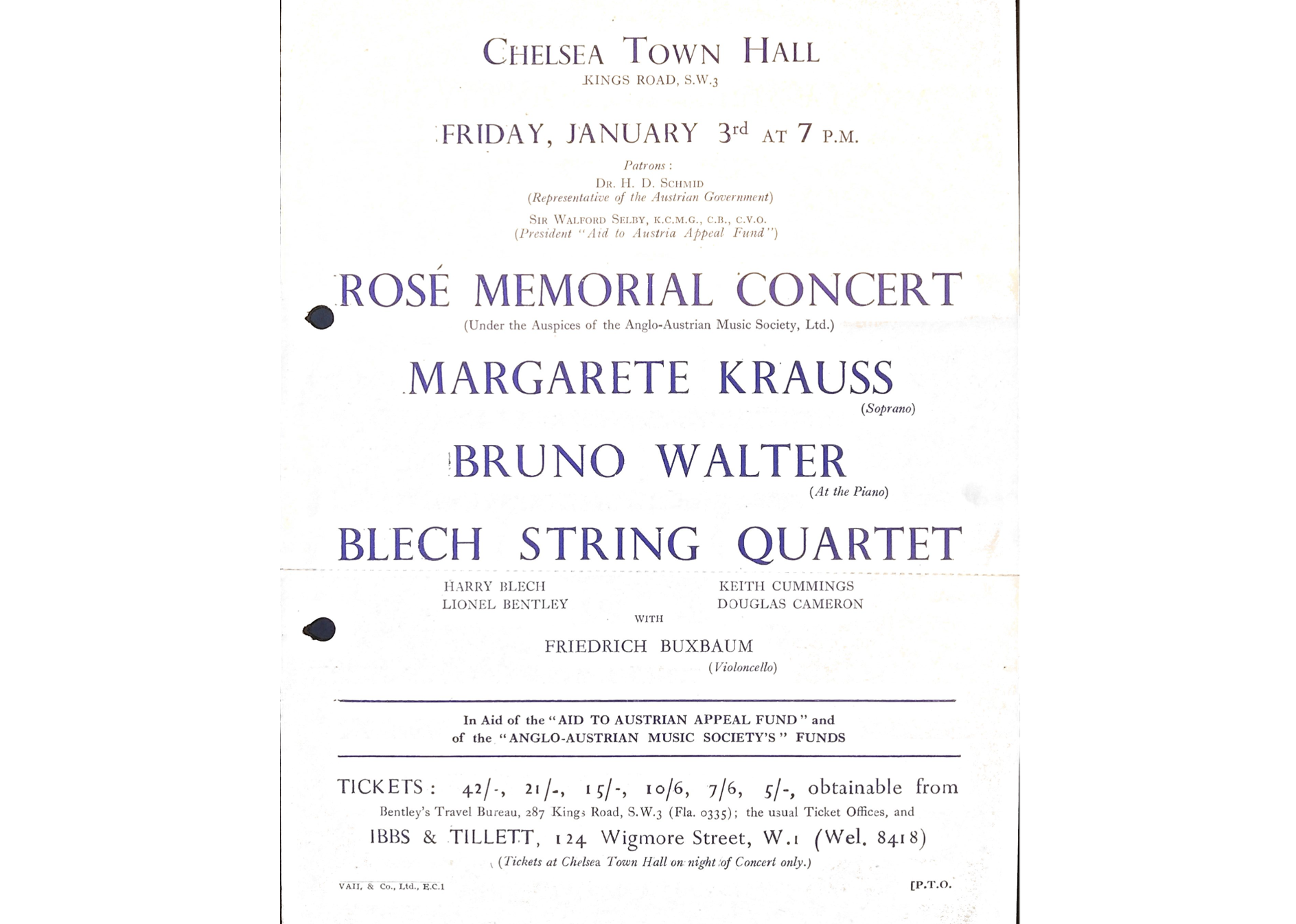 Leaflet announcing a memorial concert for Arnold Rosé at Chelsea Town Hall, 3 January 1947 