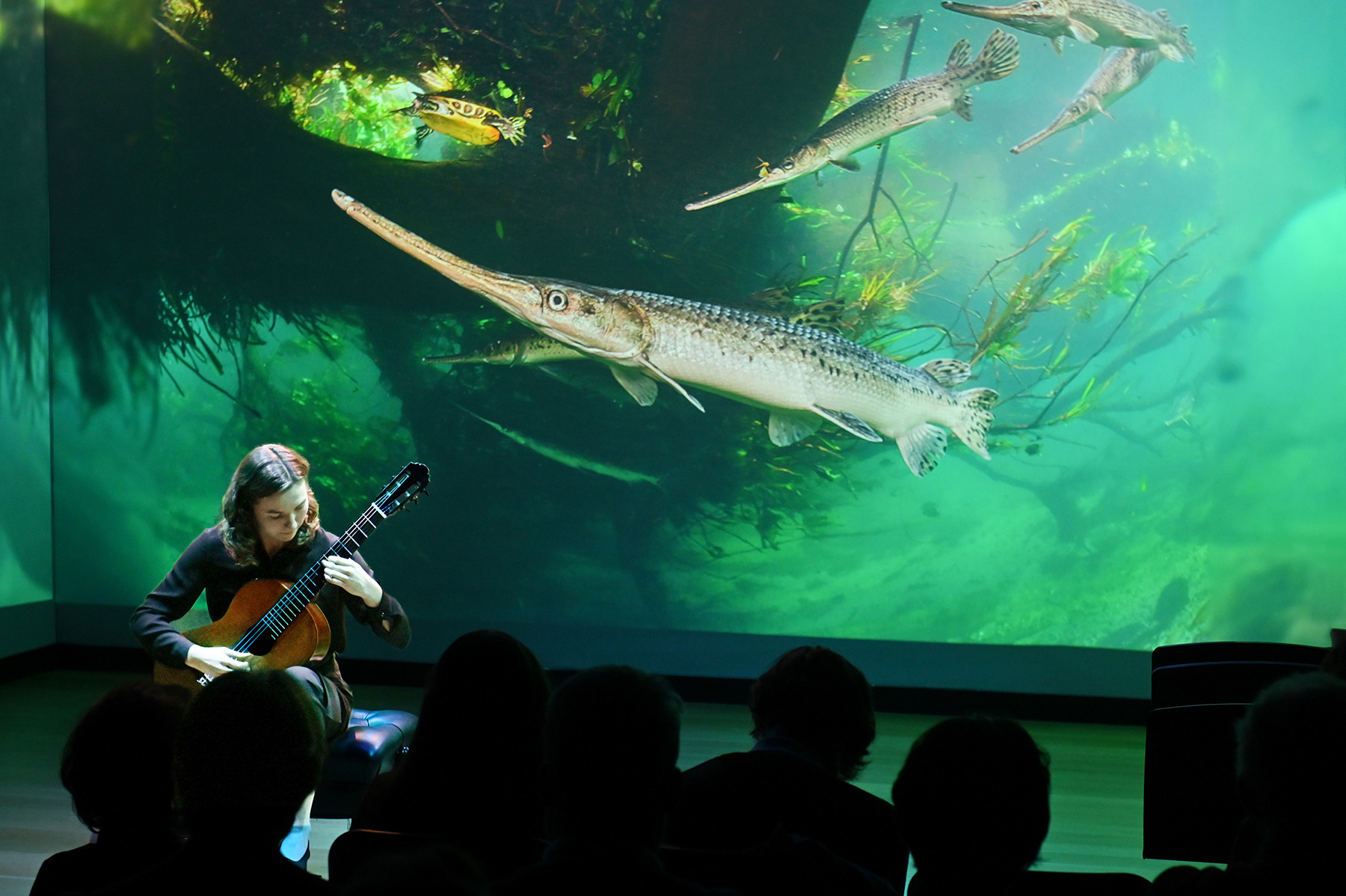 A student performing on the cello in front of an audience, with a photo behind them.