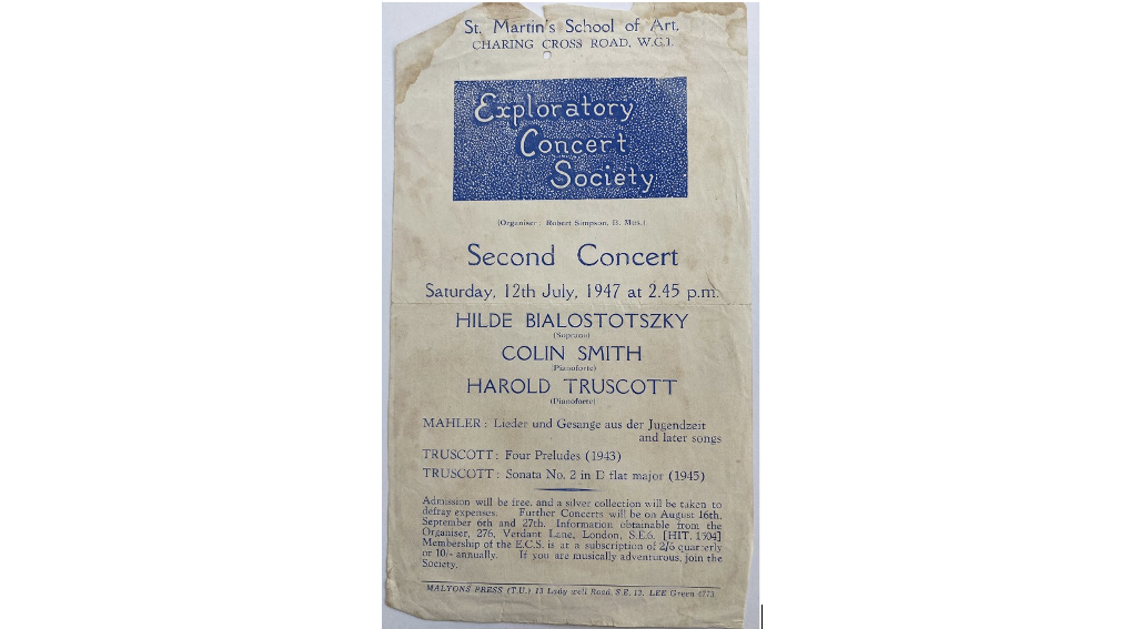 Scanned copy of an old flyer announcing a concert in which Hilde Beal performed from 1947.