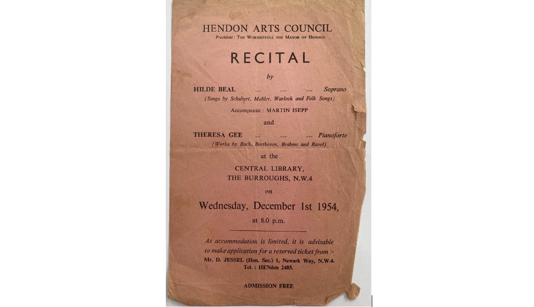 Scanned copy of an old flyer announcing a concert in which Hilde Beal performed from 1954.