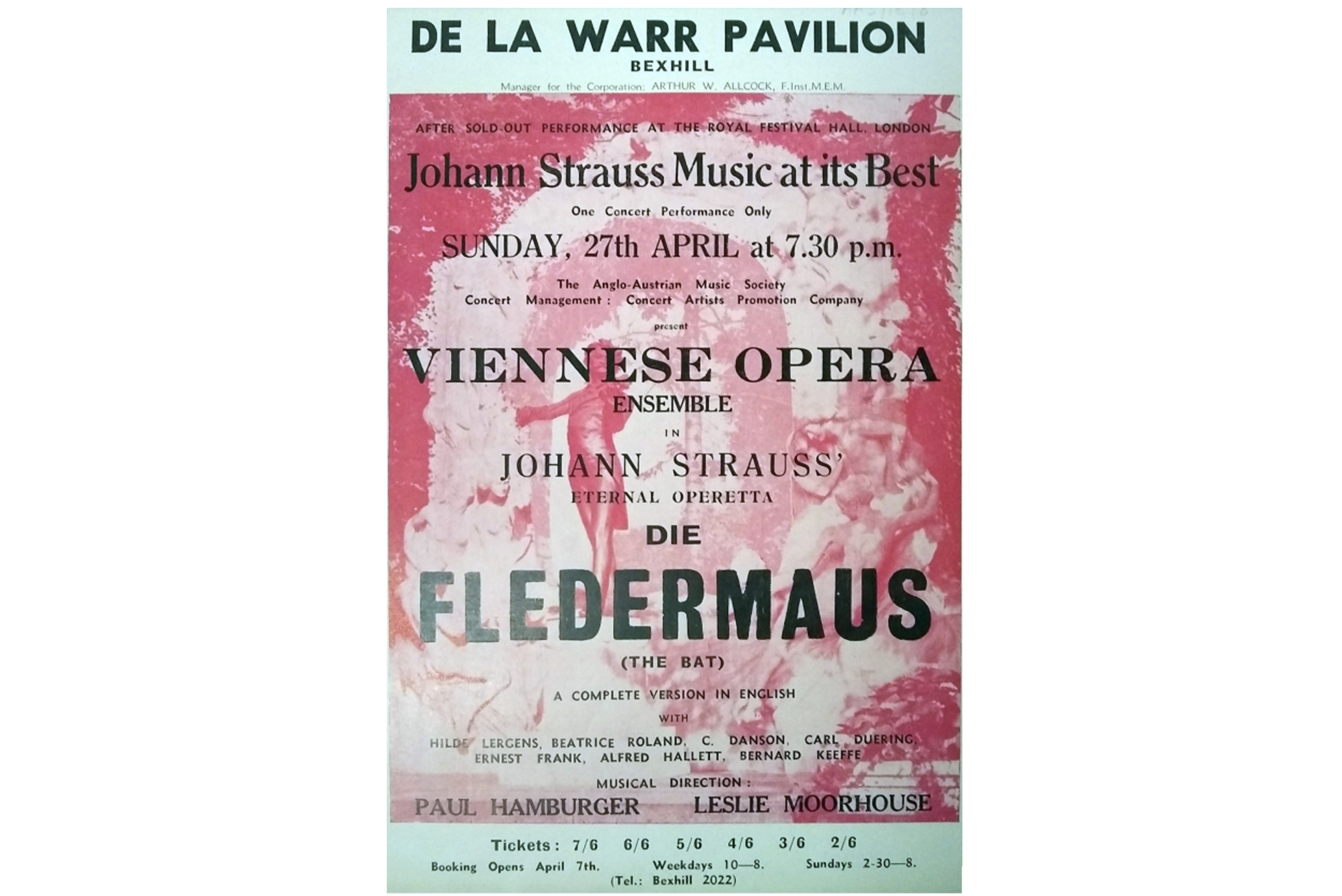 Poster announcing an English-language production of Die Fledermaus in Bexhill, part of a tour sponsored by the AAMS, 27 April 1952 