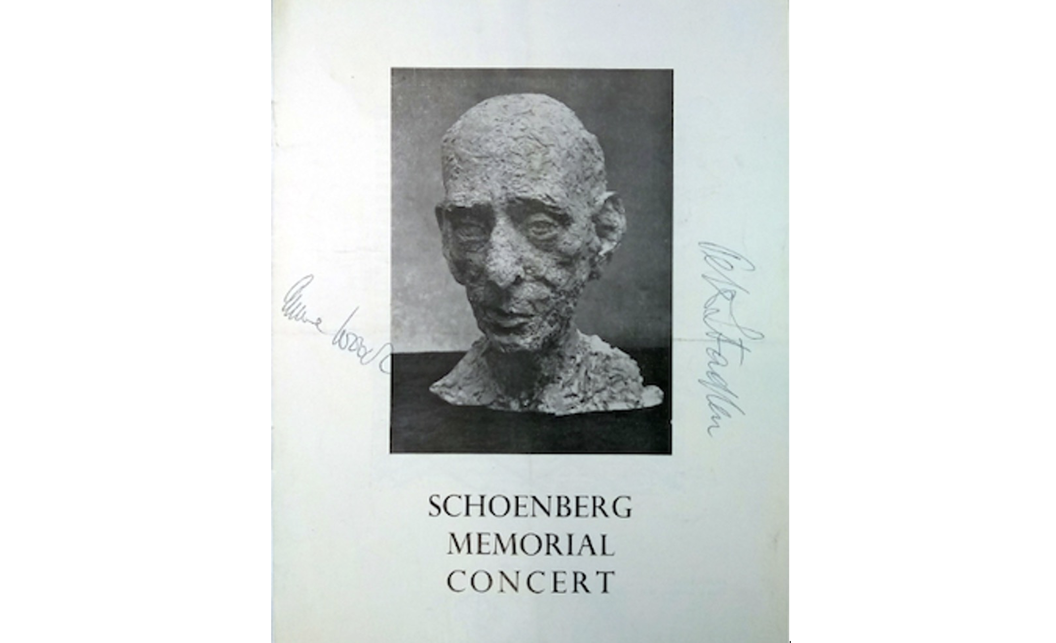 Front cover of programme booklet for Arnold Schoenberg Memorial Concert, signed by contralto Anne Wood and pianist Peter Stadlen, 1952 