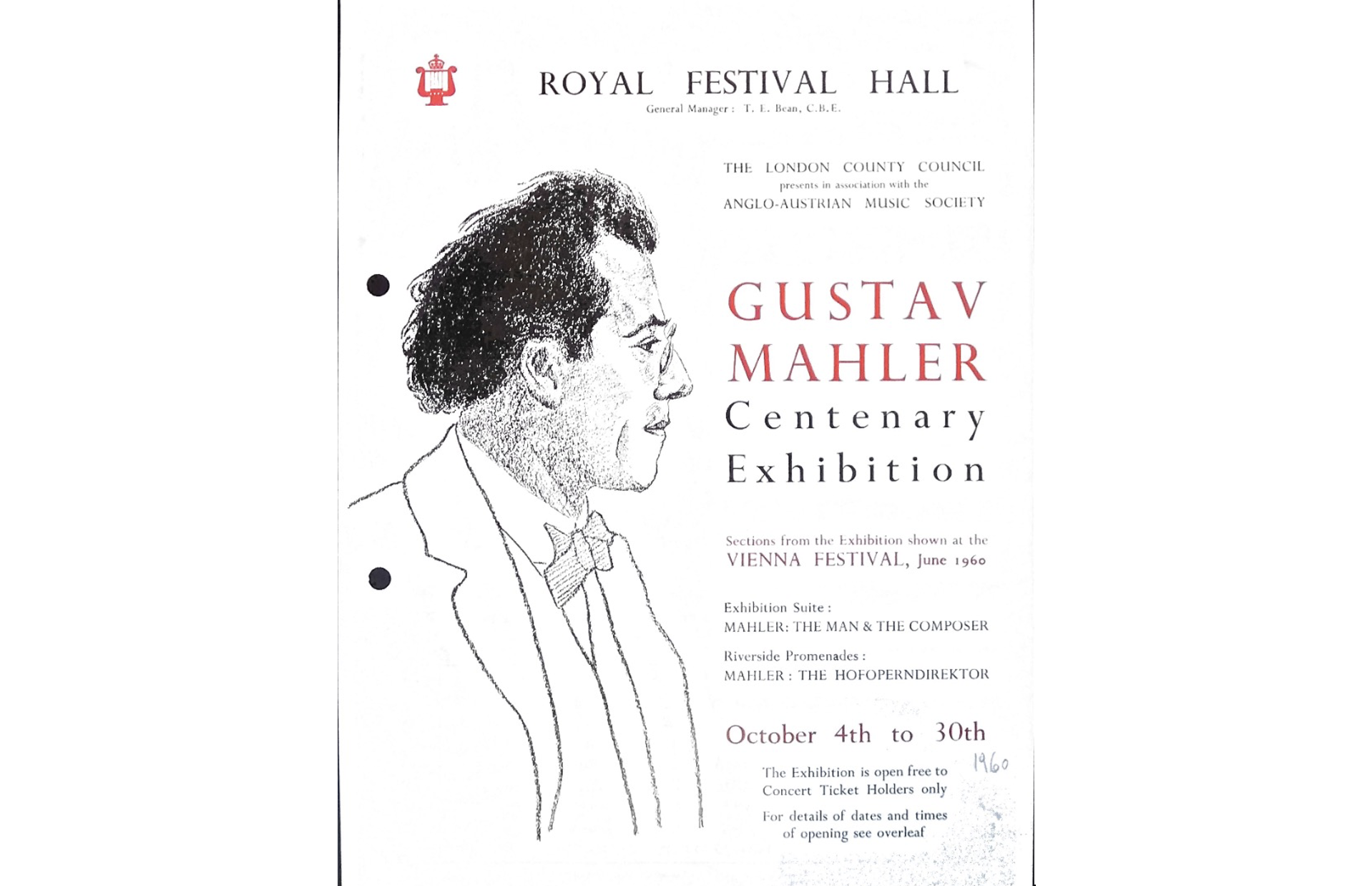Poster announcing the Gustav Mahler Centenary Exhibition, held at the Royal Festival Hall, 4-30 October 1960 
