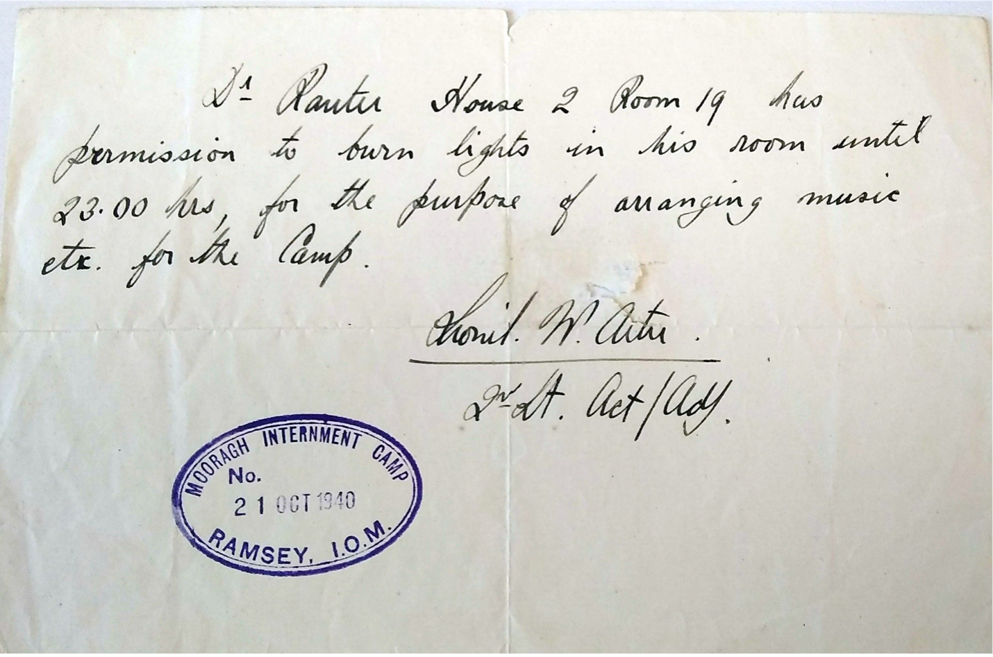 Hand written pass issued to Ferdinand Rauter allowing him to burn lights until 23.00 hours in order to arrange music, 21 October 1940.