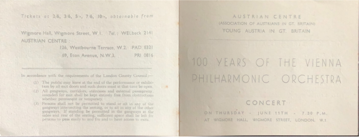 Leaflet announcing the programme of the first concert of the Austrian Musicians Group, ‘100 Years of the Vienna Philharmonic Orchestra,’ 11 June 1942 