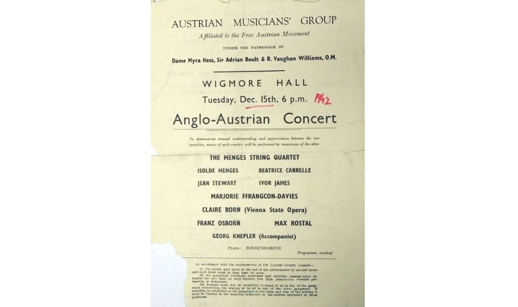 Programme of the inaugural concert of what would come to be known as the Anglo-Austrian Music Society, 15 December 1942 