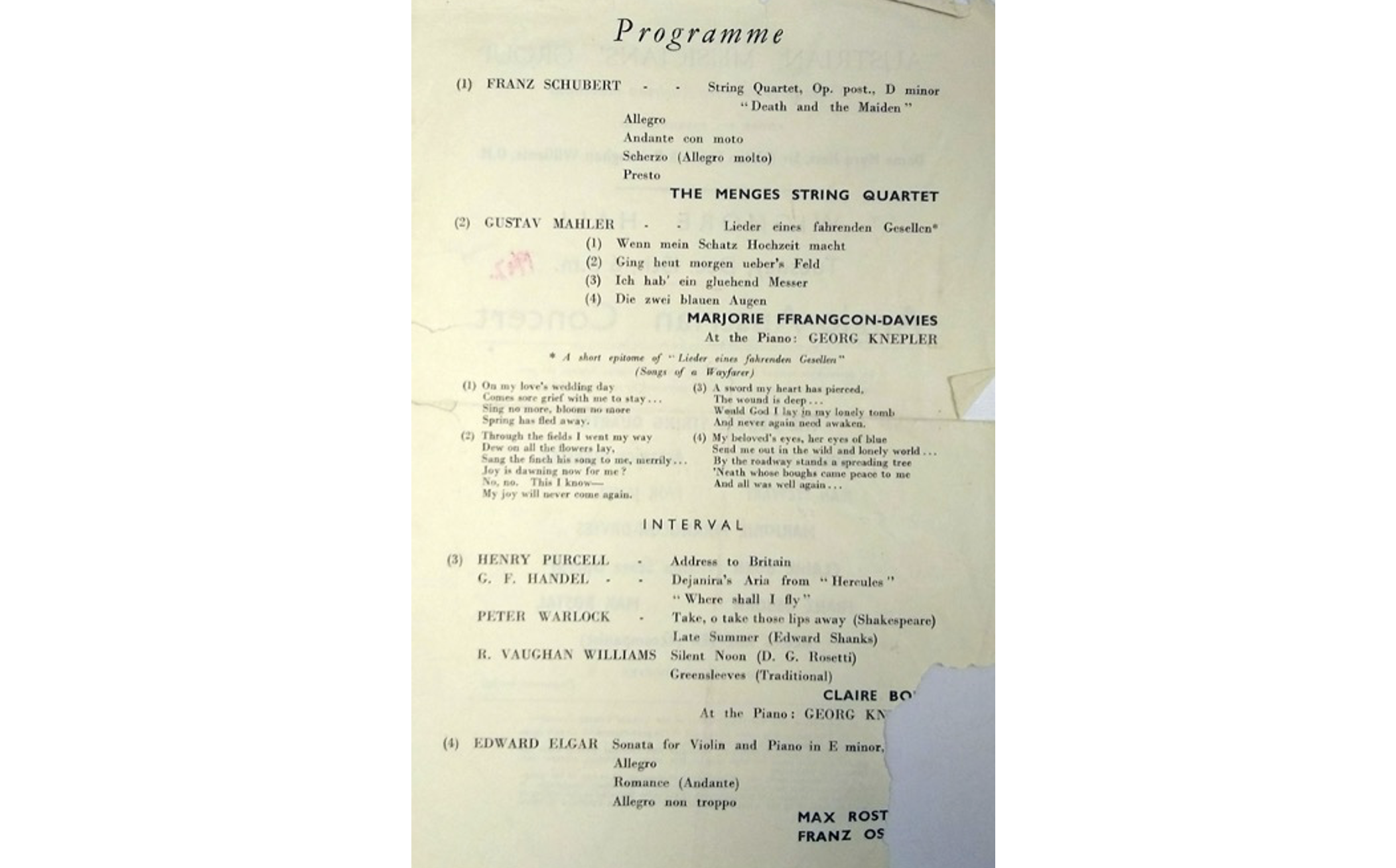 Programme of the inaugural concert of what would come to be known as the Anglo-Austrian Music Society, 15 December 1942 