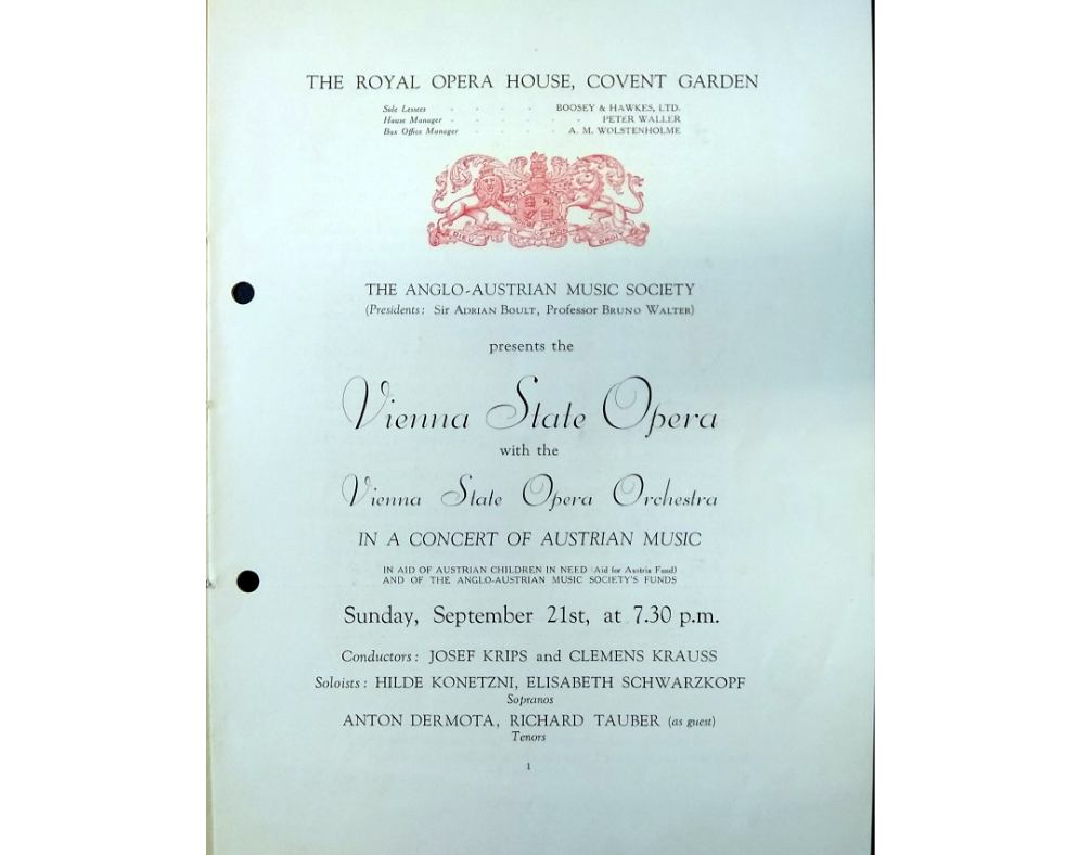 Leaflet announcing a concert with the Vienna State Opera and Vienna State Opera Orchestra, featuring Richard Tauber, 21 September 1947 