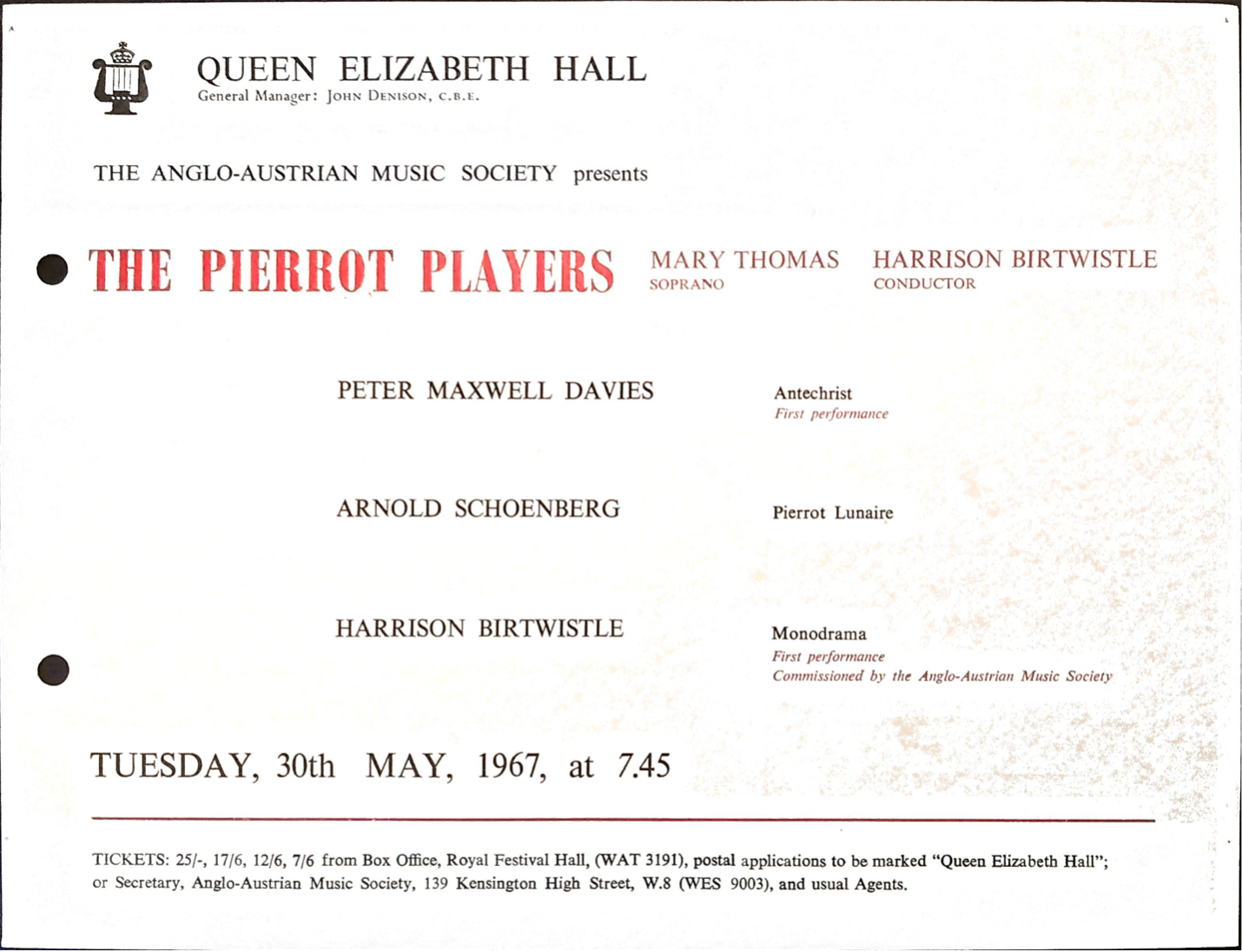 Page from programme booklet for a concert featuring works by Peter Maxwell Davies and Harrison Birtwistle, 30 May 1967 