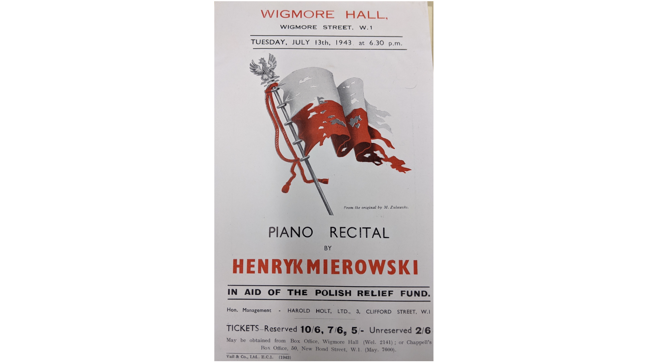 A flyer with the image of a torn polish flag at the top, advertising a piano recital by Henryk Mierowski, at Wigmore Hall on Tuesday, July 13th, 1943. The name of the pianist written in bold red font.