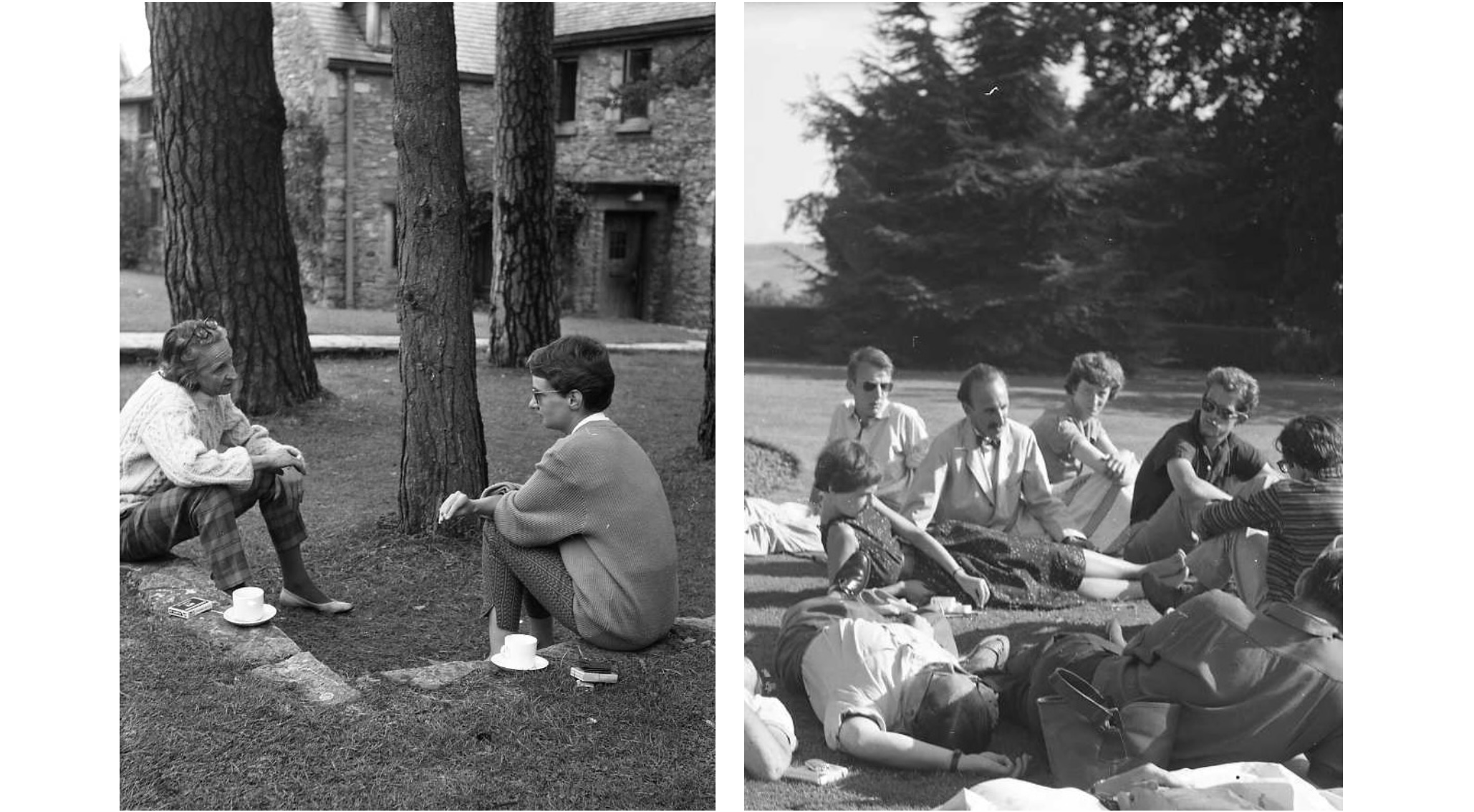 Two photos, one of a man and women, sitting on grassy stumps with cups and saucers, talking to each other, other photo of a group of people relaxing on grassy plain, with trees in the background.