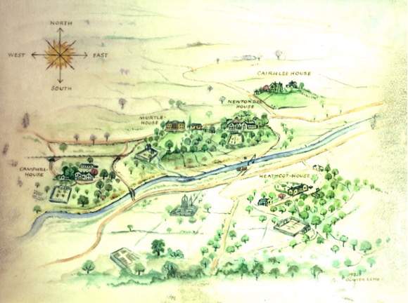 A drawn map of Camphill, laying out different houses in Camphill and there is some greenery around each house.