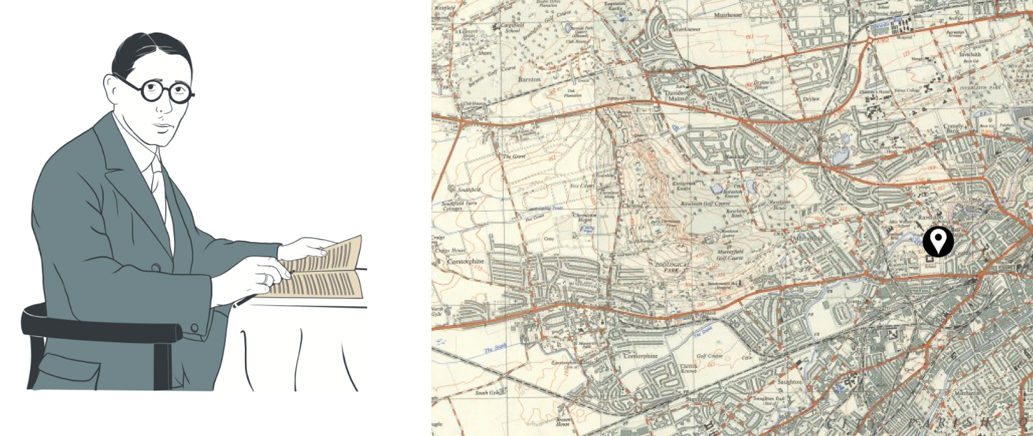 A collage of two images, on the left, an artistic drawing of a man with black hair and glasses, wearing a teal coat, writing on paper, and a historical map of where this person lived, on the right. A collage of two images, on the left, an artistic drawing of a man with black hair and glasses, wearing a teal coat, writing on paper, and a historical map of where this person lived, on the right.