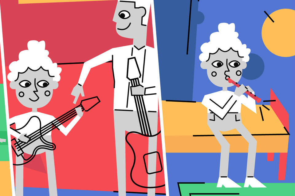 Cartoon of musicians playing guitar and recorder